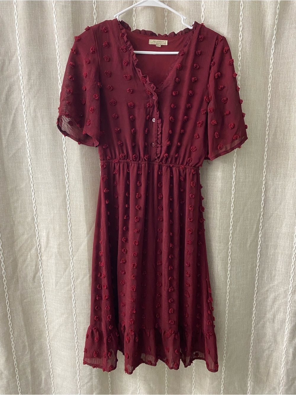 Polagram Wine-Red Midi Dress with Pom Dot Texture